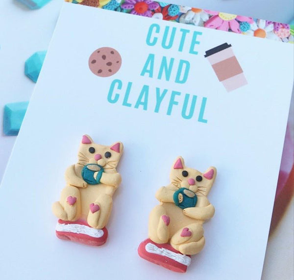 Beige Cat Books and Tea Statement Studs