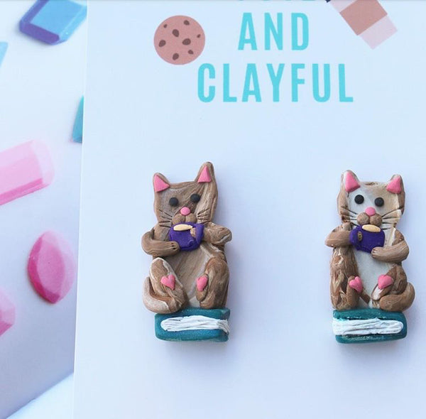 Marble Brown Cat Books and Tea Statement Studs